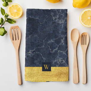 Linge De Cuisine Élégant marbre bleu Monogram