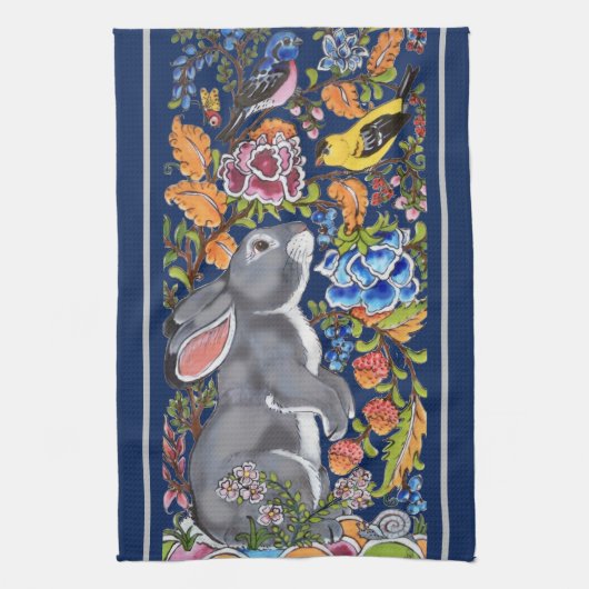 Linge De Cuisine Elégant Marine Blue Rabbit & Birds Jacobean Floral (Vertical)