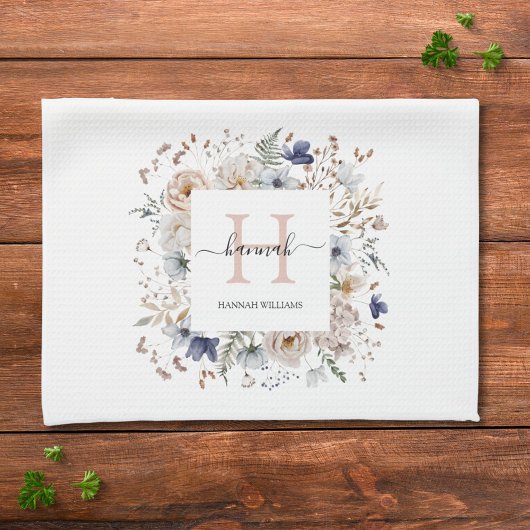 Linge De Cuisine Elegant Monogram Pretty Beige Blue Flowers Floral 