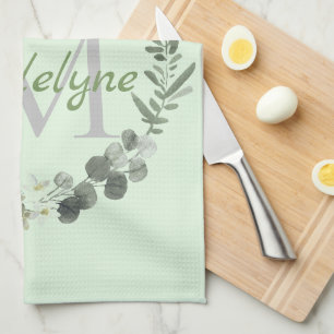 Linge De Cuisine Elégant Monogramme Aquarelle Botanique