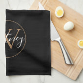 Linge De Cuisine Élégant Monogramme Black Gold Script (Quart Plié)