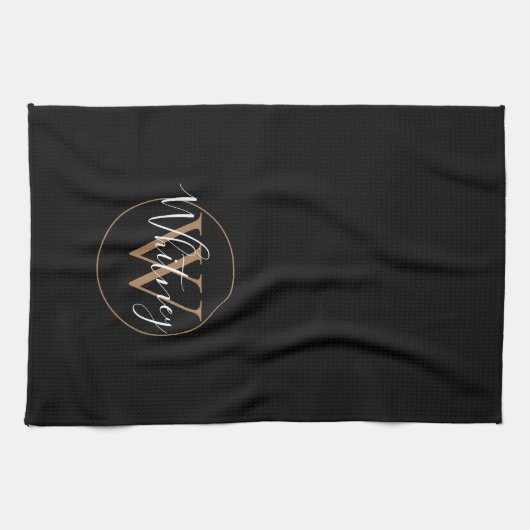 Linge De Cuisine Élégant Monogramme Black Gold Script (Horizontal)