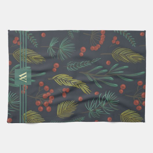 Linge De Cuisine Élégant Monogramme Botanique d'hiver (Horizontal)