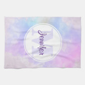 Linge De Cuisine Élégant Monogramme d'aquarelle bleu violet (Horizontal)