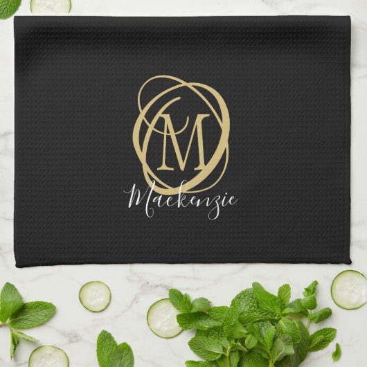 Linge De Cuisine Élégant Monogramme élégant Nom de script Black Gol (Plié)