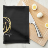 Linge De Cuisine Élégant Monogramme élégant Nom de script Black Gol (Quart Plié)