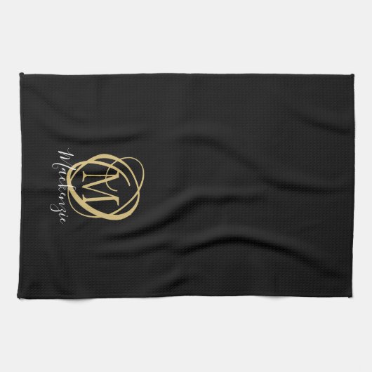 Linge De Cuisine Élégant Monogramme élégant Nom de script Black Gol (Horizontal)