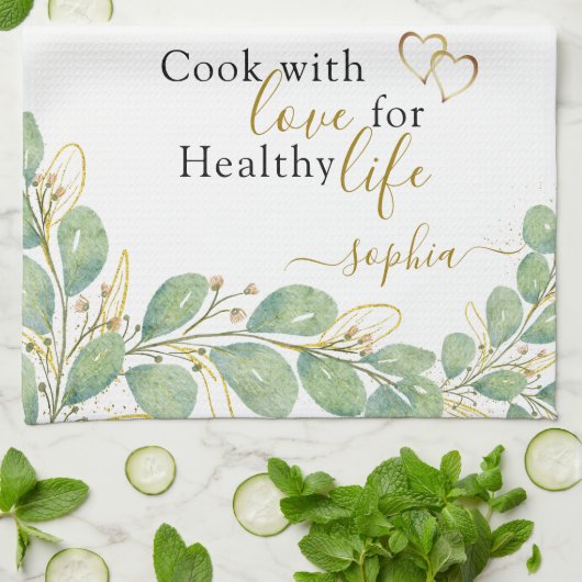 Linge De Cuisine Elégant Monogramme Eucalyptus Vert Blanc (Plié)