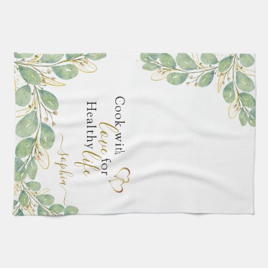 Linge De Cuisine Elégant Monogramme Eucalyptus Vert Blanc (Horizontal)
