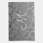 Linge De Cuisine Élégant Monogramme Gris Argent Floral Classique Mo (Vertical)