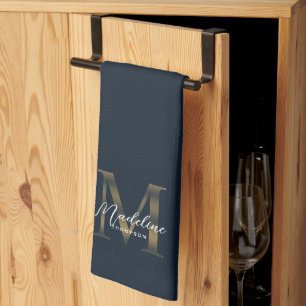 Linge De Cuisine Élégant monogramme métallisé bleu marine or