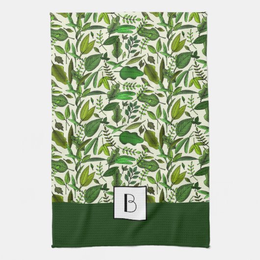 Linge De Cuisine Élégant Monogramme Motif végétal vert (Vertical)