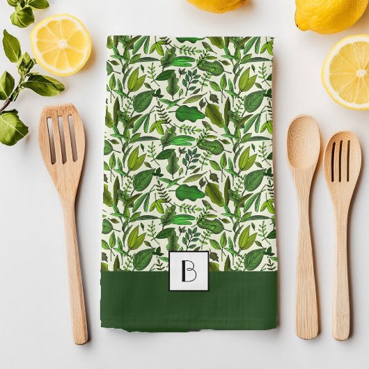 Linge De Cuisine Élégant Monogramme Motif végétal vert