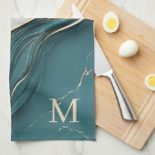 Linge De Cuisine Élégant Monogramme Turquoise foncé marbre or (Quart Plié)