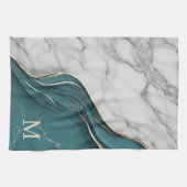 Linge De Cuisine Élégant Monogramme Turquoise foncé marbre or (Horizontal)