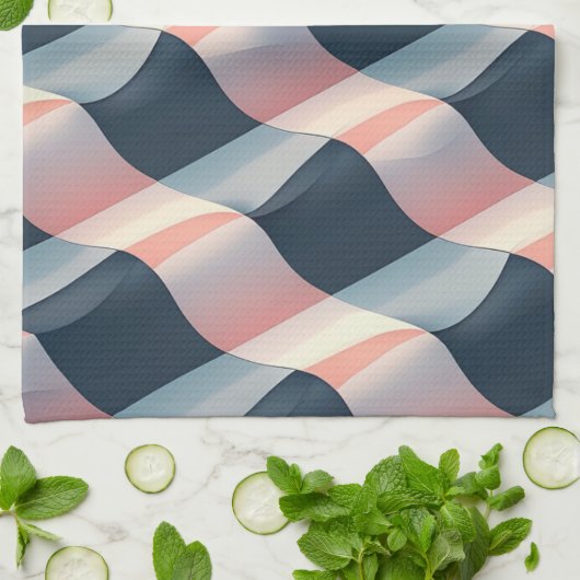 Linge De Cuisine Élégant Motif 3D Wave en Turquoise, Rose et crème (Plié)