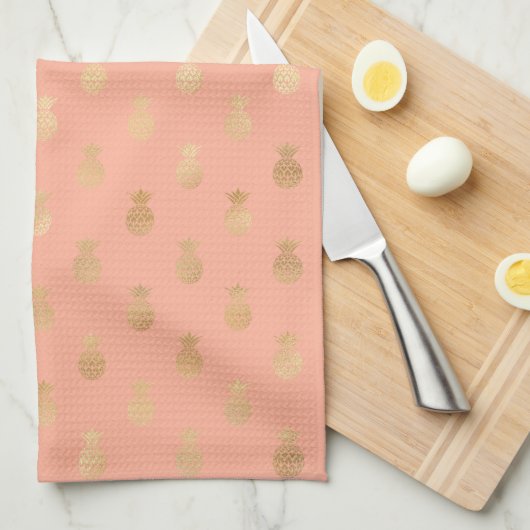 Linge De Cuisine Élégant Motif Coral rose et Gold Ananas (Quart Plié)