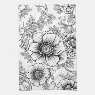 Linge De Cuisine Élégant motif d'art en ligne florale noir et blanc