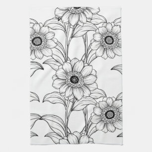 Linge De Cuisine Élégant motif d'art en ligne florale noir et blanc