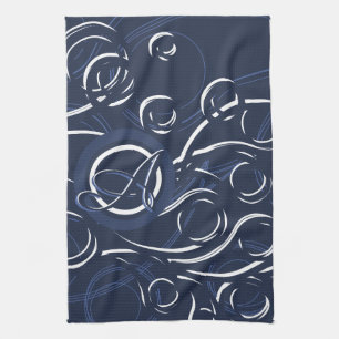 Linge De Cuisine Elégant Motif de Monogramme moderne bleu et blanc 