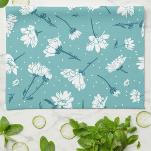 Linge De Cuisine Élégant motif floral - Botanique Turquoise et blan