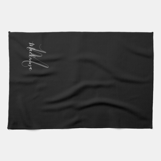 Linge De Cuisine Élégant Noir Blanc Nom de script Monogramme (Horizontal)