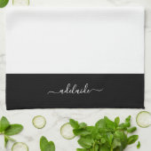 Linge De Cuisine Élégant Noir Blanc Nom de script Monogramme (Plié)