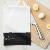 Linge De Cuisine Élégant Noir Blanc Nom de script Monogramme (Quart Plié)
