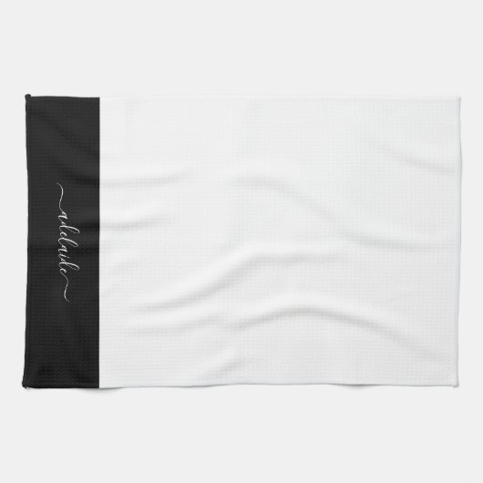 Linge De Cuisine Élégant Noir Blanc Nom de script Monogramme (Horizontal)