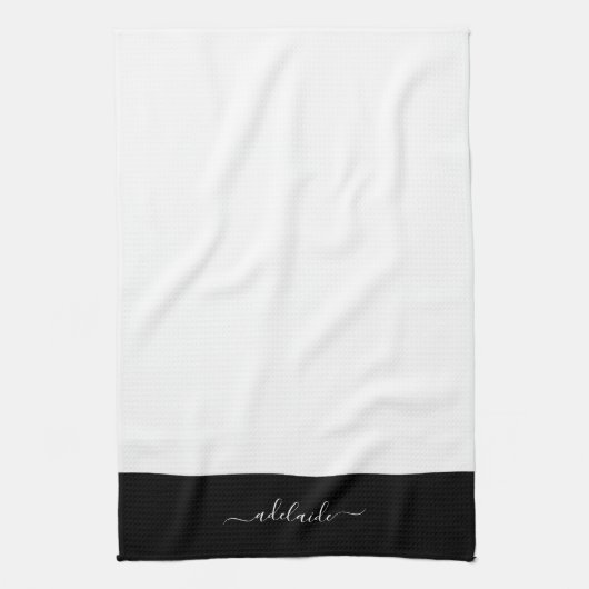 Linge De Cuisine Élégant Noir Blanc Nom de script Monogramme (Vertical)