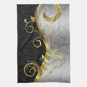 Linge De Cuisine Elégant noir Damas Gold & Silver Swirls