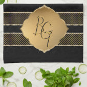 Linge De Cuisine Élégant Noir Diamant Forme Monogramme Initiales (Plié)