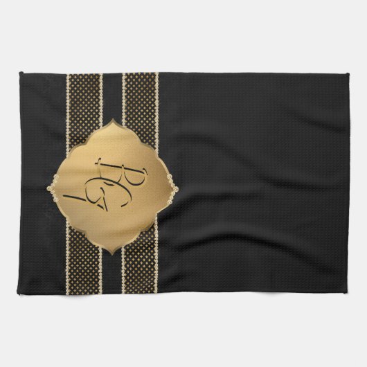 Linge De Cuisine Élégant Noir Diamant Forme Monogramme Initiales (Horizontal)
