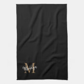 Linge De Cuisine Élégant noir élégant Monogramme or Nom du script (Vertical)