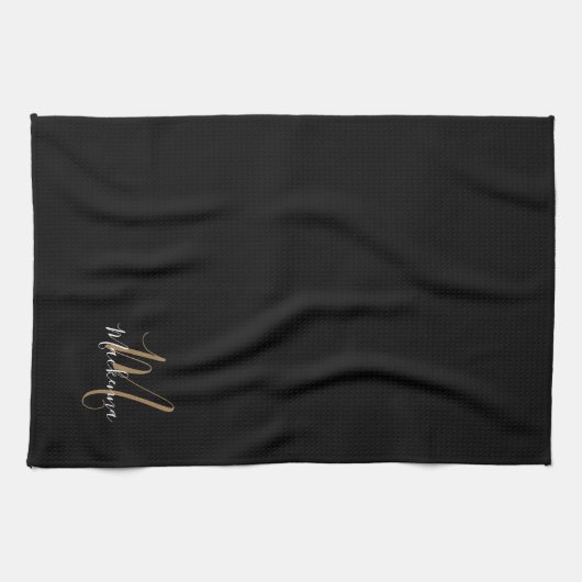 Linge De Cuisine Élégant Noir élégant Nom de script Monogramme (Horizontal)