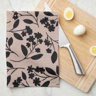 Linge De Cuisine Elégant Noir moderne Motif Botanique Dusty rose