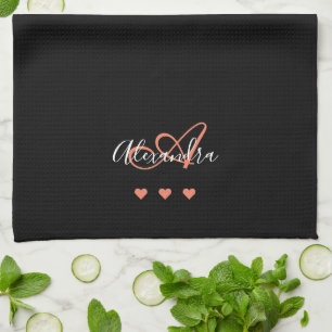 Linge De Cuisine Élégant noir rose nom de script Monogramme