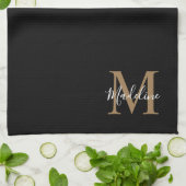 Linge De Cuisine Élégant Noir Script Typographie Monogramme (Plié)