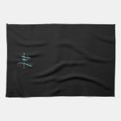 Linge De Cuisine Élégant Noir Turquoise Script Monogramme moderne (Horizontal)