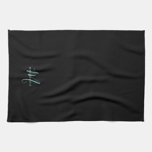 Linge De Cuisine Élégant Noir Turquoise Script Monogramme moderne (Horizontal)