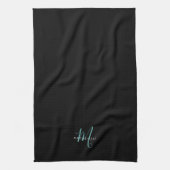 Linge De Cuisine Élégant Noir Turquoise Script Monogramme moderne (Vertical)