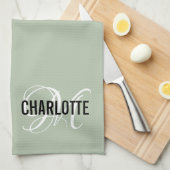 Linge De Cuisine Élégant nom de monogramme vert sauge (Quart Plié)