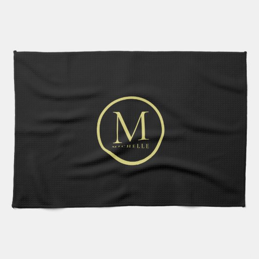 Linge De Cuisine Élégant Nom Monogramme Modèle Noir Et Or (Horizontal)