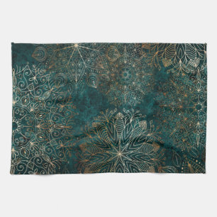 Linge De Cuisine Elégant or et Turquoise vert floral Mandala Motif