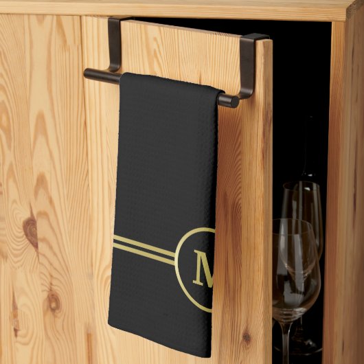 Linge De Cuisine Élégant or Monogramme personnalisé sur noir (Pliage en tiers)