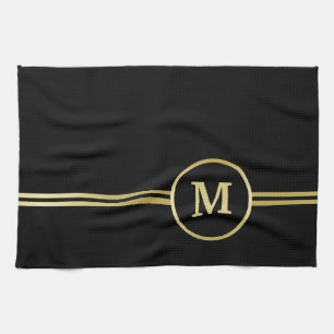 Linge De Cuisine Élégant or Monogramme personnalisé sur noir
