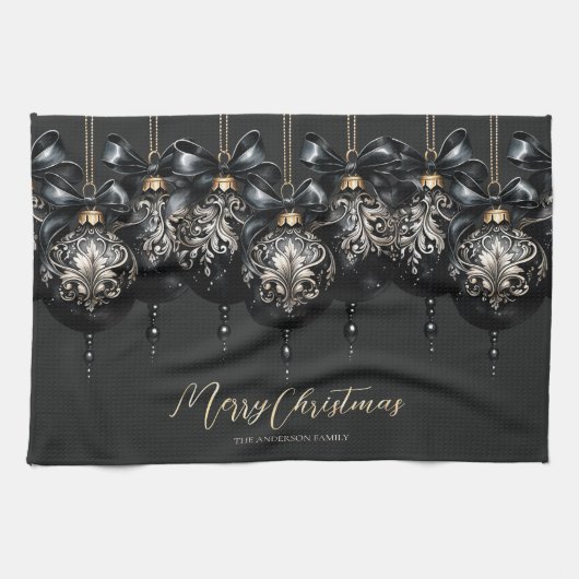Linge De Cuisine Élégant or noir baubles luxe Noël (Horizontal)