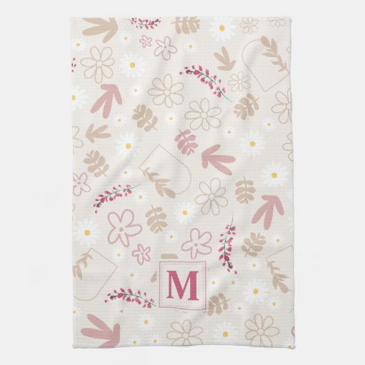 Linge De Cuisine Élégant pastel floral initial monogramme rose mode (Vertical)