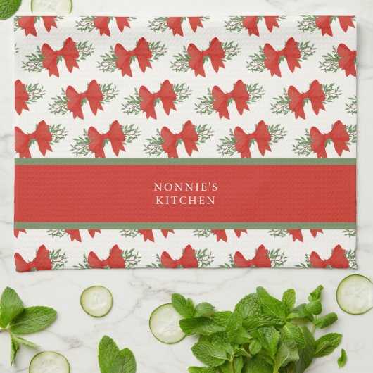 Linge De Cuisine Elegant Red Bow with greenery Monogram Name (Plié)