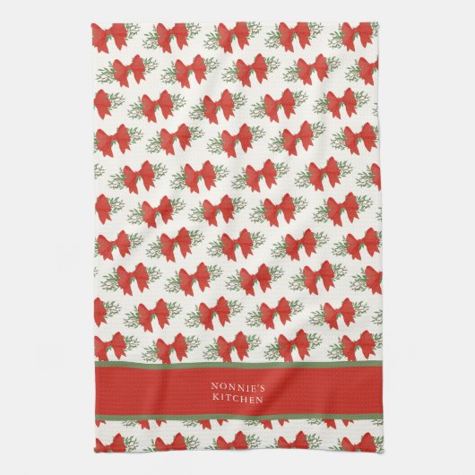 Linge De Cuisine Elegant Red Bow with greenery Monogram Name (Vertical)